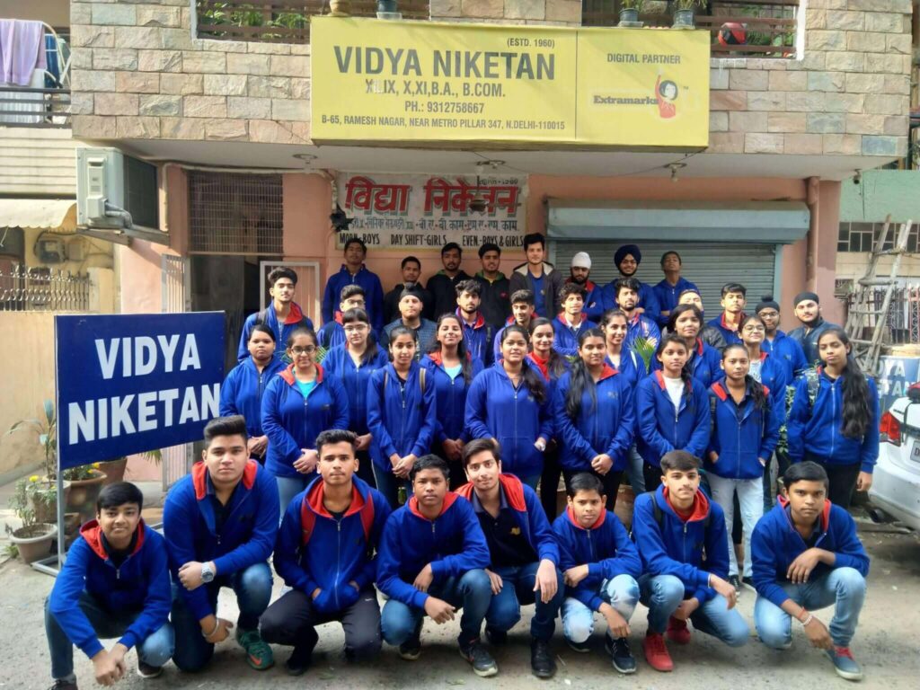 Students posing outside the Vidya Niketan Open School, Ramesh Nagar, West Delhi